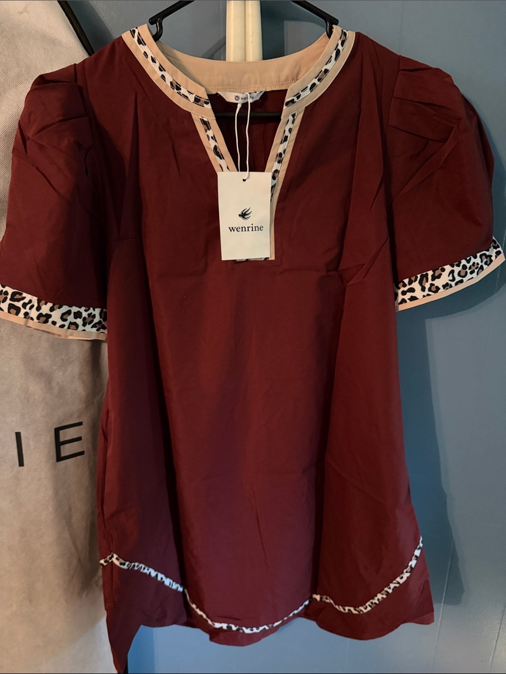 Wenrine Women's Burgundy Short Sleeve Dress with Leopard Trim